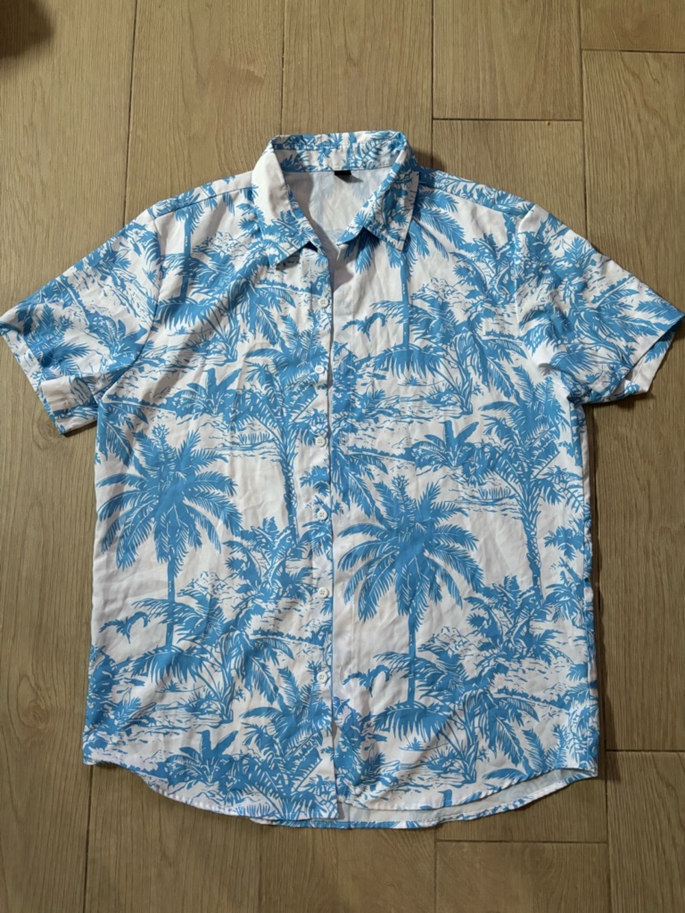 Casual Blue Palm-Print Short Sleeve Button-Down Shirt
